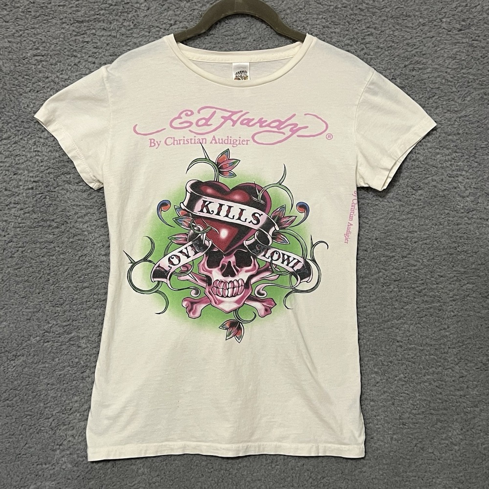 Ed Hardy Christian Audigier Womens Shirt Love Kills Slowly Skull Y2K Medium